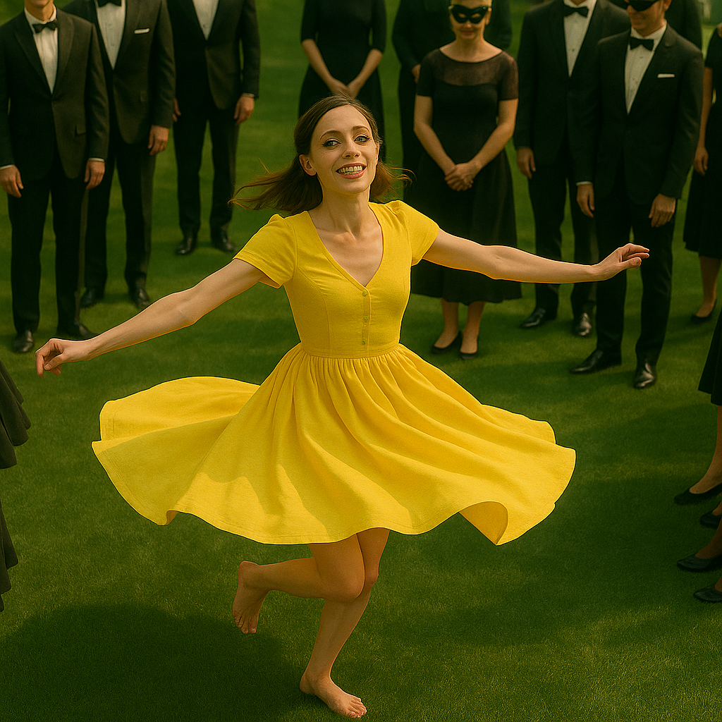 Miss Dizzum twirling barefoot in a yellow dress before an audience of elite guests in suits and gowns, expressing playful erotic rebellion and free-spirited joy.