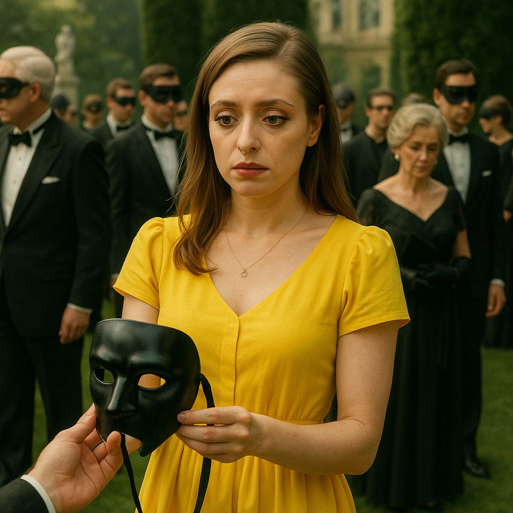 Miss Dizzum holding a black masquerade mask at an upscale garden party, wearing a yellow sundress and standing confidently among formal guests, symbolizing erotic defiance and individuality.