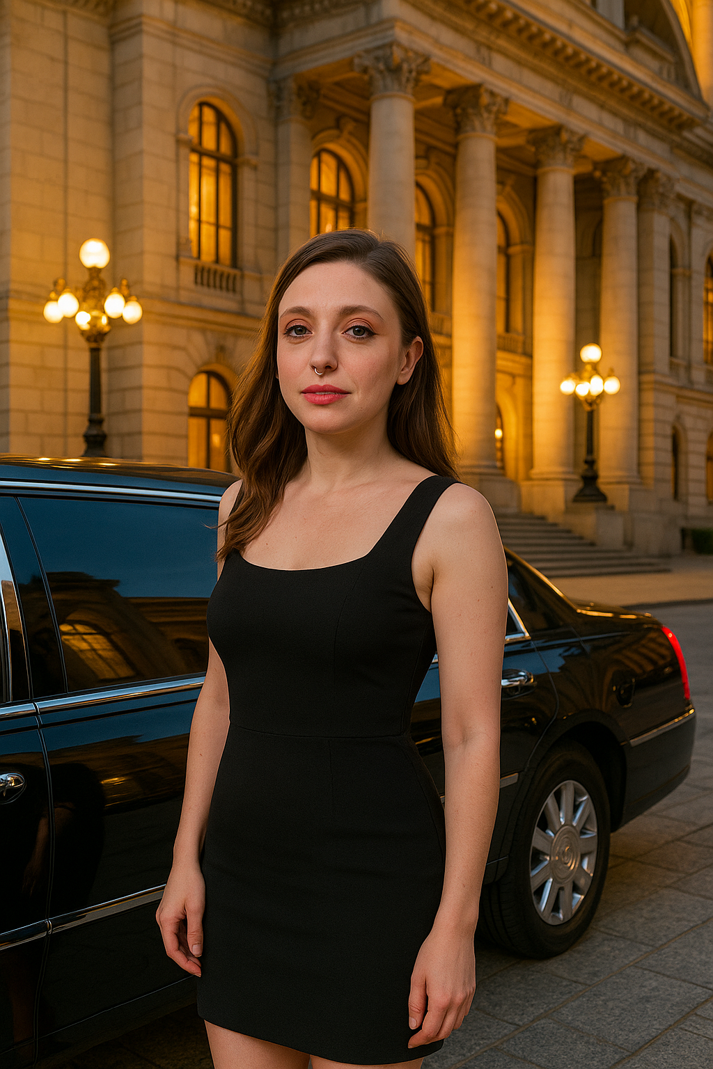 Pretty woman Miss Dizzum stuns in a tiny black dress on a date in the city