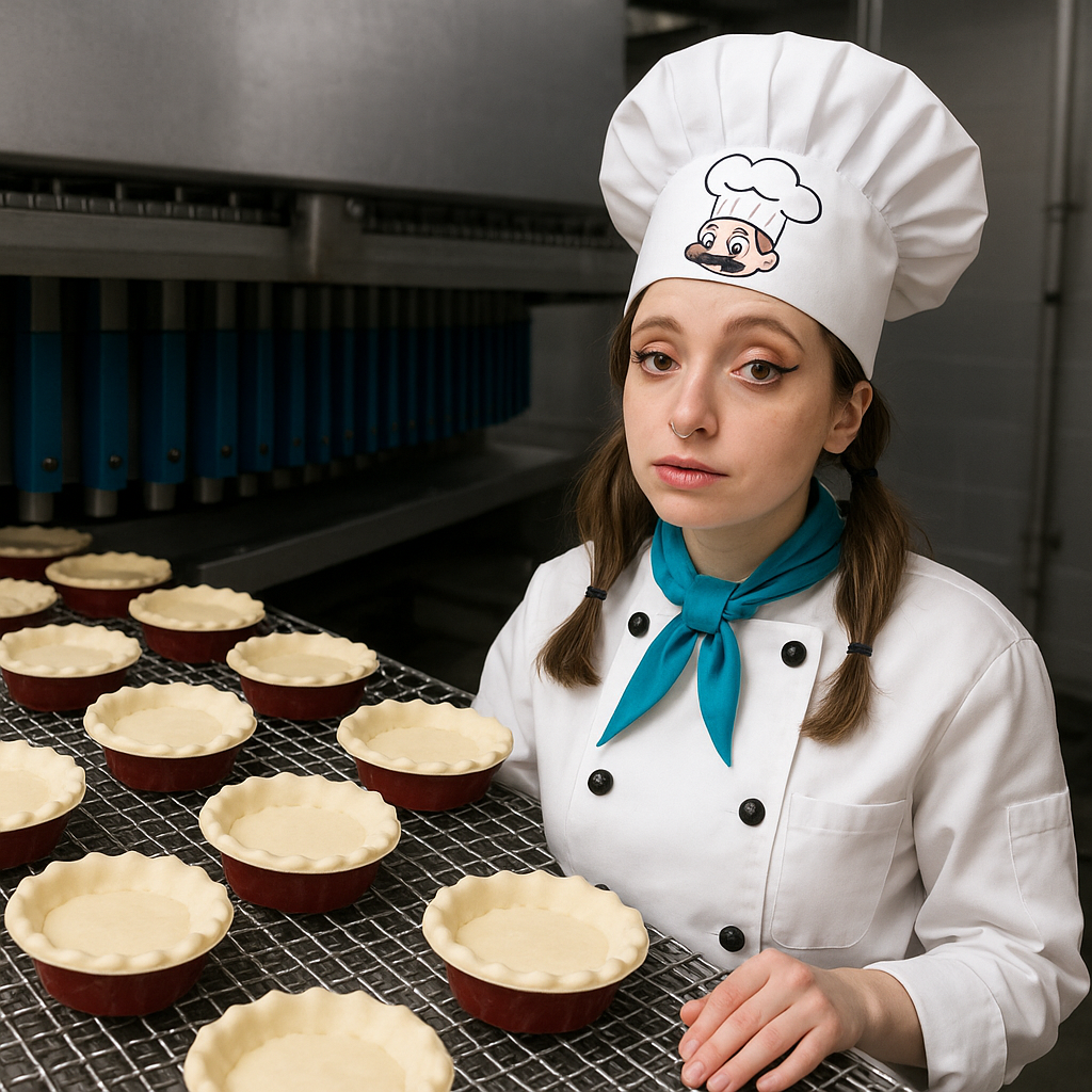 Miss Dizzum working on her creampies in the creampie factory in a chefs outfit