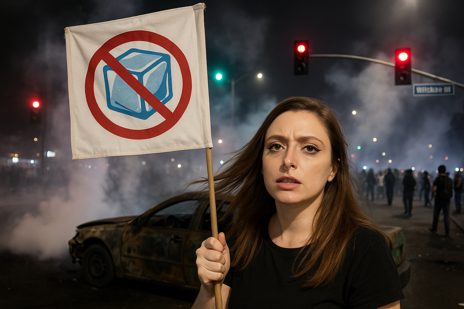 Miss Dizzum waving an anti-ICE flag at a late night LA riot