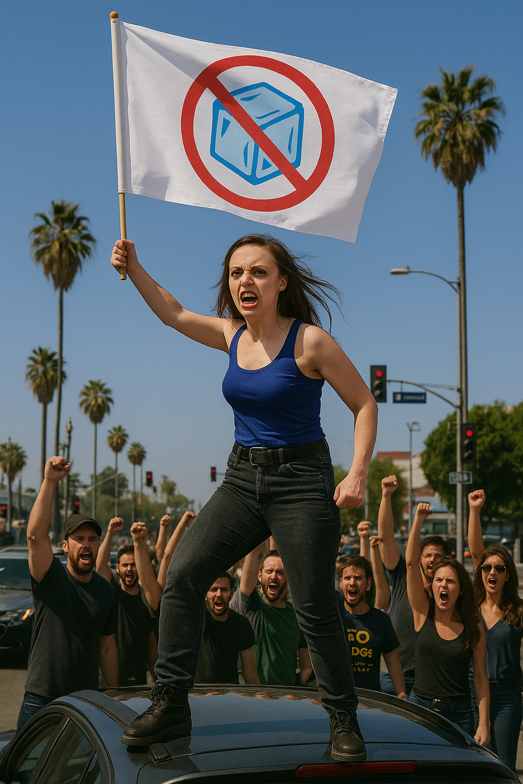 Miss Dizzum protesting ice while standing on a car roof