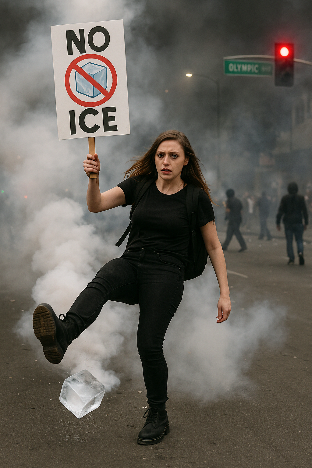 Miss Dizzum kicks an ice cube at the ICE protests in Los Angeles