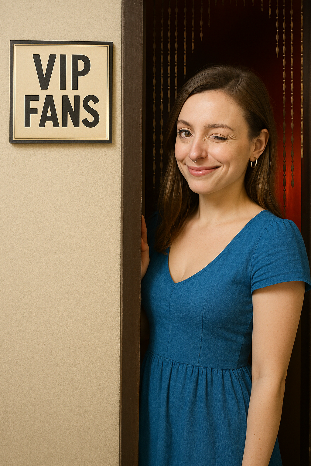 Miss Dizzum winking as she stands next to the VIP Only Fans section