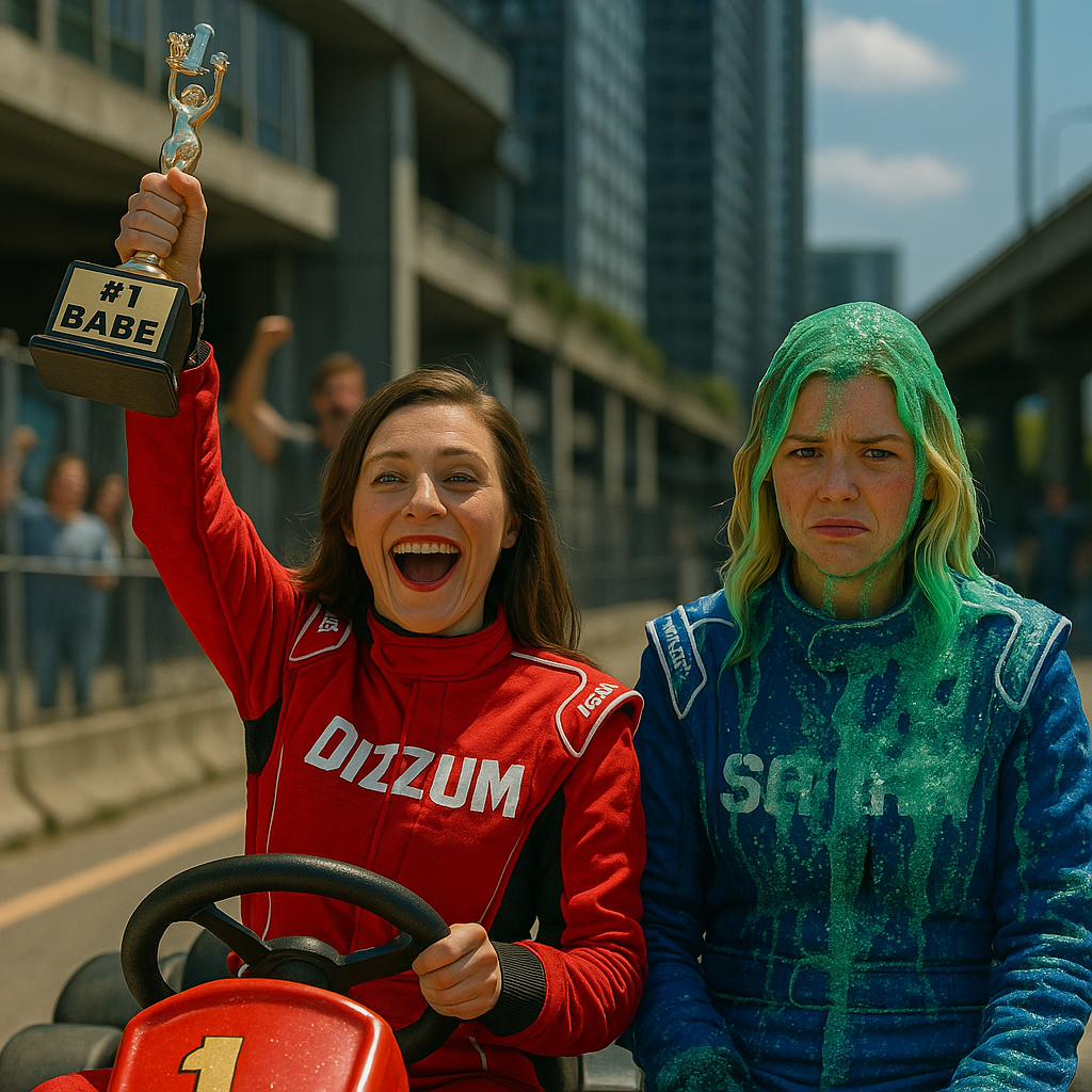 Miss Dizzum wins the cart race while Syndey Sweeney has bath soap all over her chest