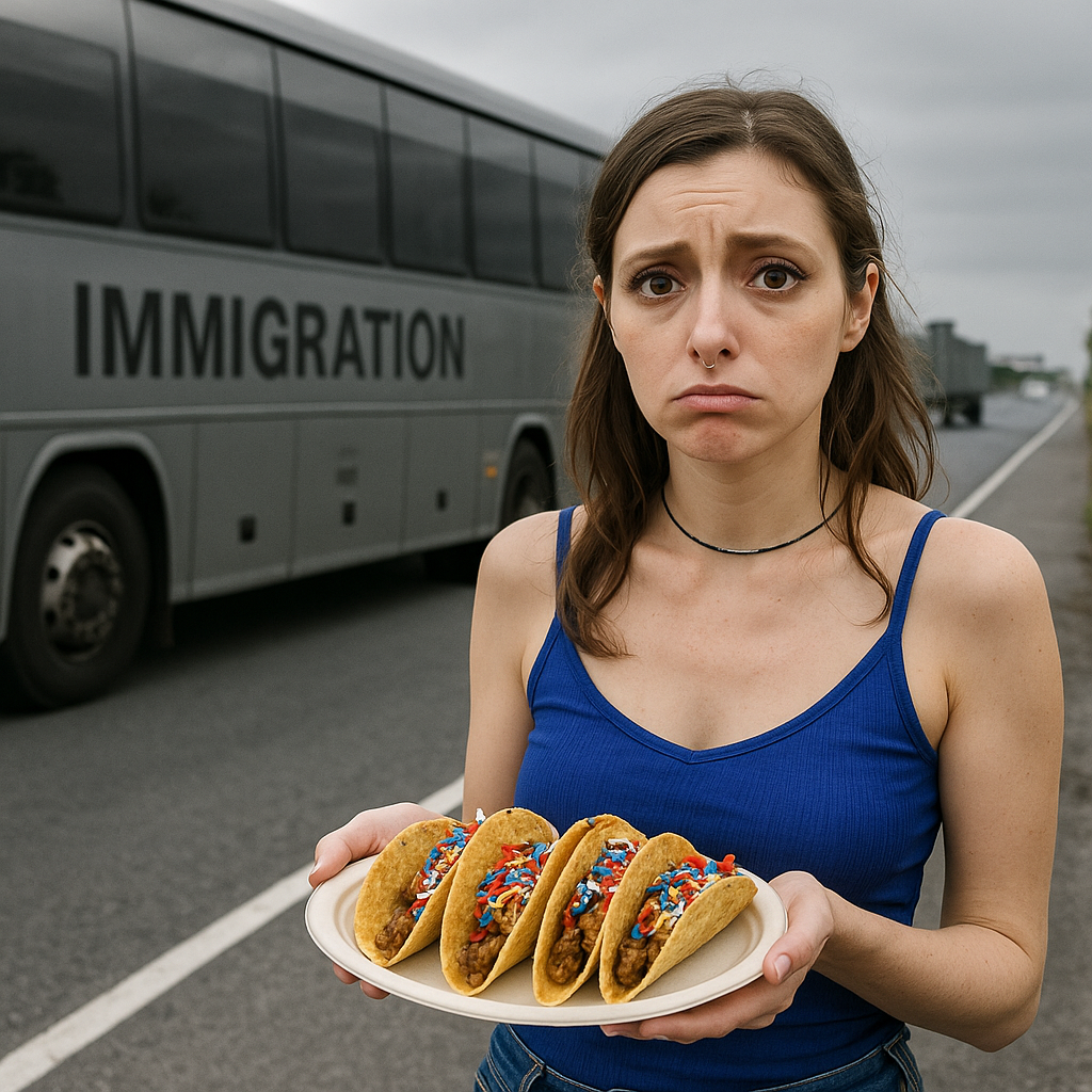 Miss Dizzum holding Trump Tacos looking sad as an immigration raid bus drives by