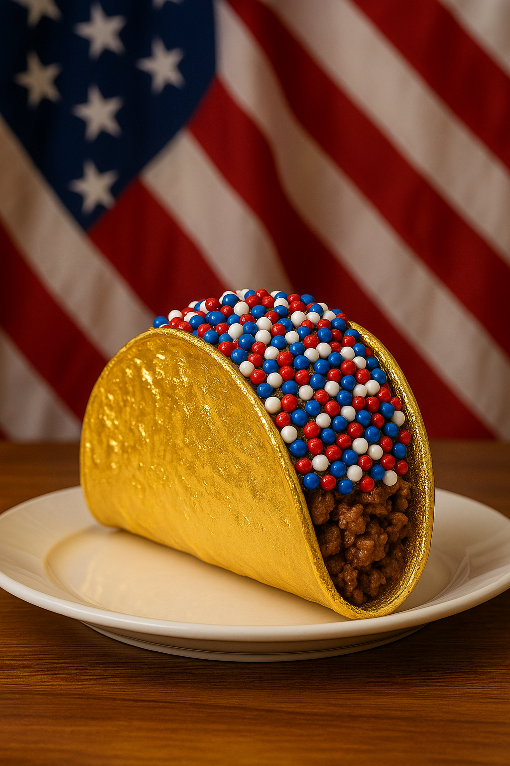 All American Trump Taco with red white and blue MAGA sprinkles in a gold shell