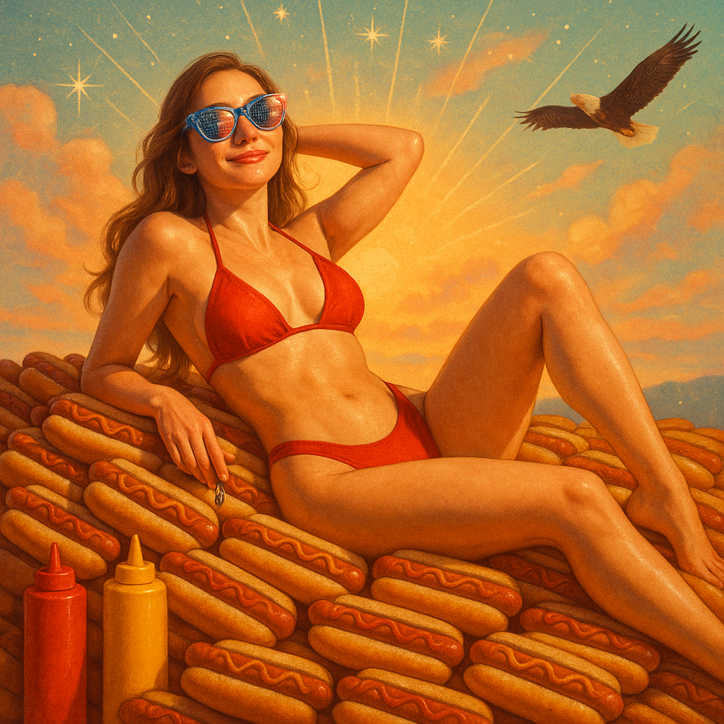 Bikini-clad and glistening, Miss Dizzum lounges atop a mountain of phallic perfection, radiating power as a bald eagle salutes her holy meat reign.