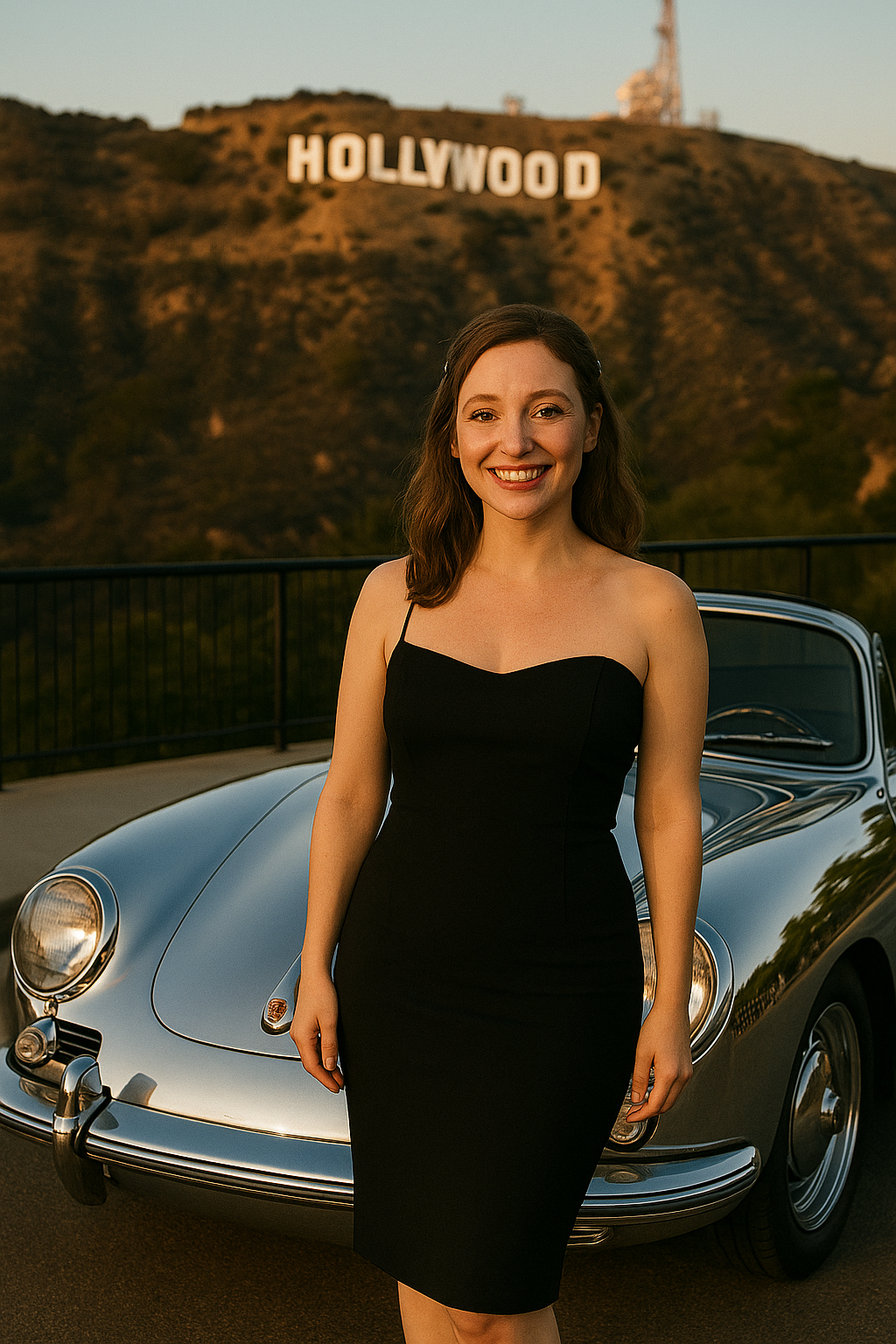 Miss Dizzum stands beside a classic silver Porsche in a little black dress, Hollywood sign behind her, and just a whiff of trouble in her smile