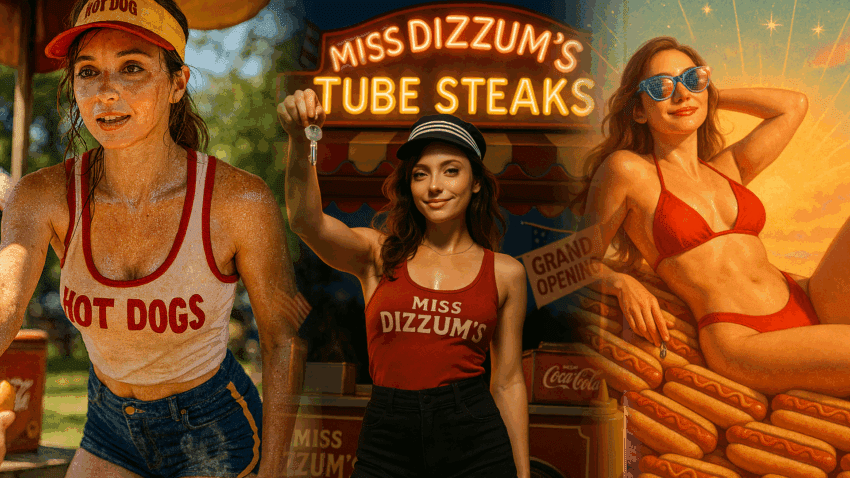 Miss Dizzum in a red bikini atop a throne of hot dogs, holding the keys to her meat empire as an eagle soars above