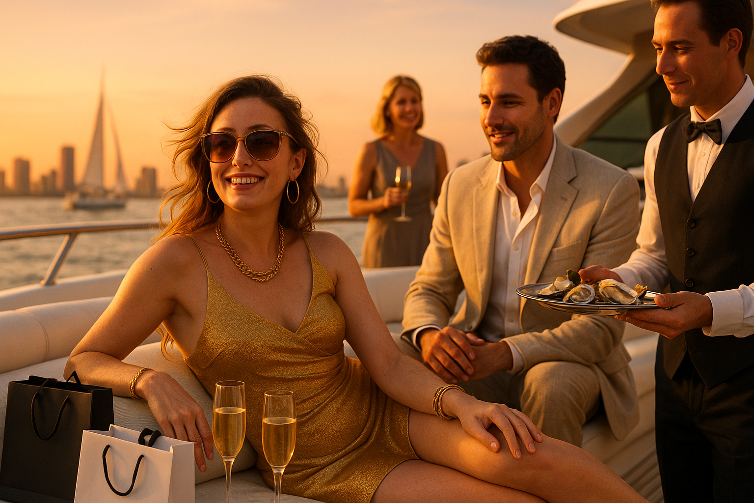 Reclining in a shimmering gold dress on a yacht at sunset, Dizzum is surrounded by men and oysters, her body language casual, her power absolute.