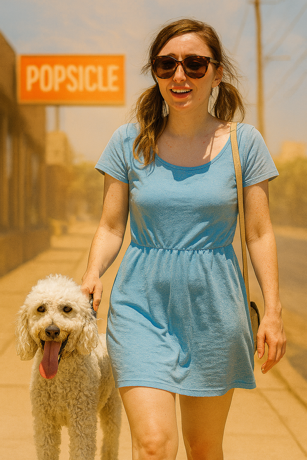 Miss Dizzum walking in the blistering heat with her fluffy white dog, dress clinging to her body, eyes desperate for air conditioning and absolution