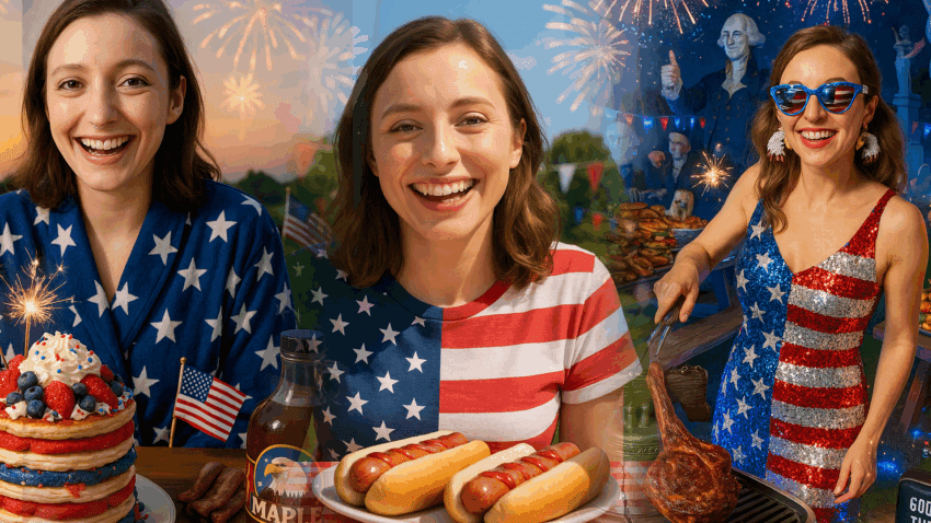 Miss Dizzum in a star-print robe standing before a towering red, white, and blue pancake stack, fireworks bursting behind her