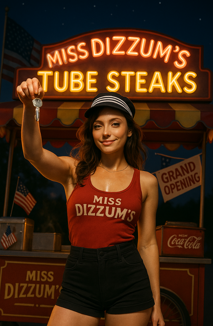With a devilish smirk, Miss Dizzum raises the keys to her meat empire beneath glowing neon, ready to make the world choke on her brand.