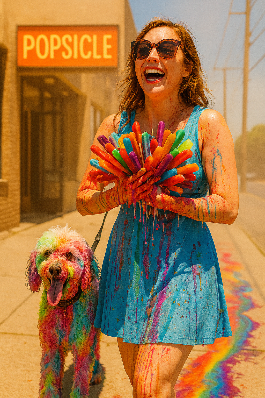 Dizzum laughing maniacally as a mass of melting rainbow popsicles drip down her arms and dress, her dog dyed like a Skittles explosion beside her