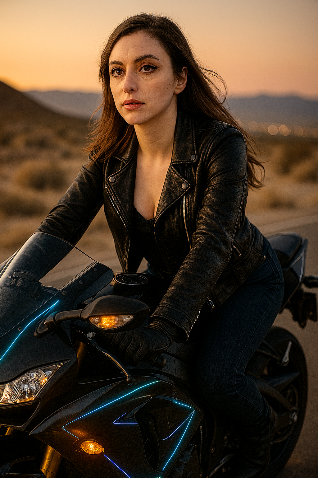Miss Dizzum rides a sleek motorcycle in black leather at golden hour, her expression cool, her thighs gripping fate itself