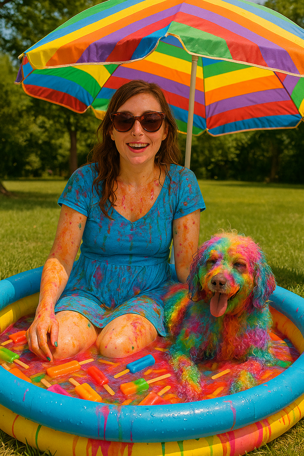 Miss Dizzum and her now Technicolor dog sit in an outdoor pool of rainbow sludge and half-melted popsicles under a striped umbrella, visibly recovering from something intense