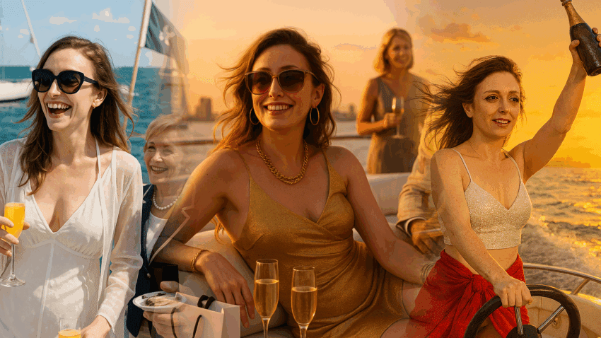 Miss Dizzum toasts champagne in a sheer romper among yacht elites, poised at the edge of scandal and seduction