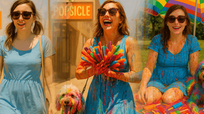 Miss Dizzum walks through summer heat with a poodle and a popsicle meltdown in progress, her face flushed and dress clinging