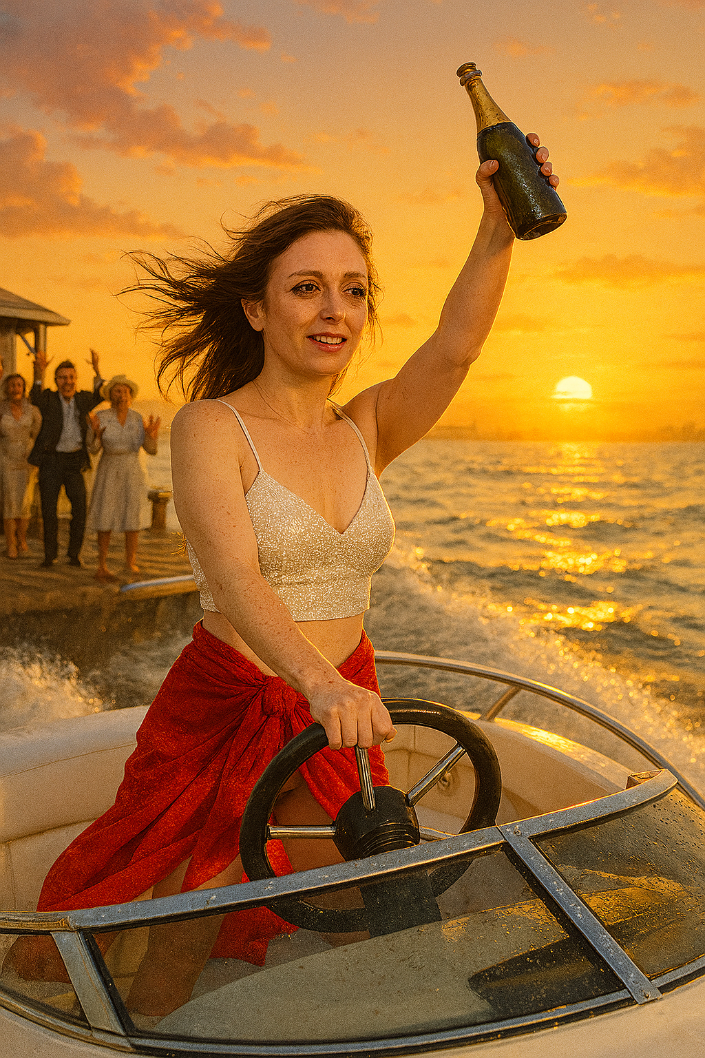 Dizzum steers a speedboat into the sunrise, bottle raised in triumph, hair wind-whipped, an intimate garment knotted at her hip, the yacht far behind in chaos.