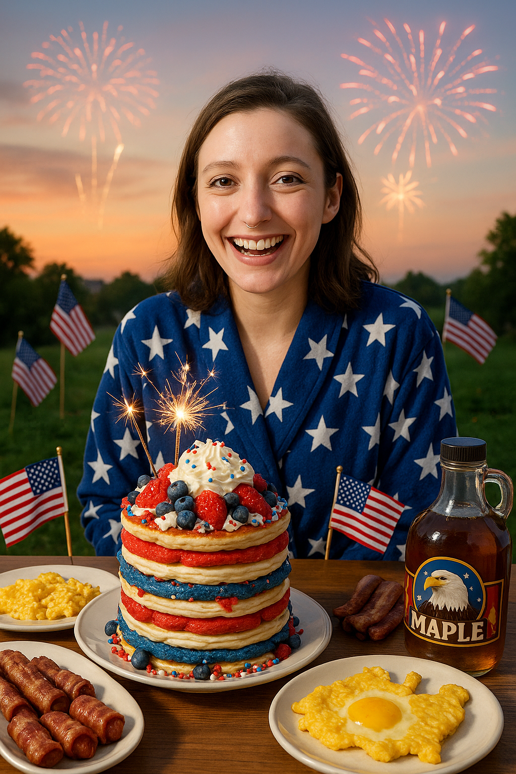 Miss Dizzum beams in a star-print robe in front of a red, white, and blue pancake tower, surrounded by fireworks, flags, and sausage. Pure morning America lust.