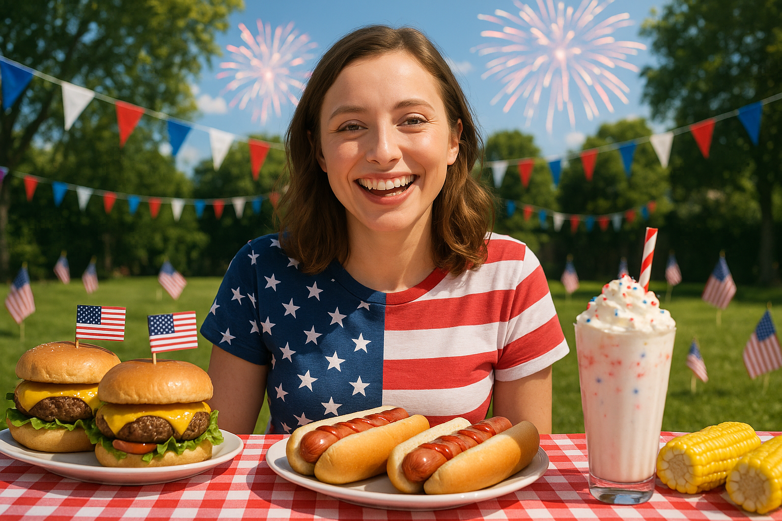 Dizzum in a patriotic tee behind a glizzy-laden lunch table, fireworks bursting overhead, two cheeseburgers watching in jealous silence as she rules the park.