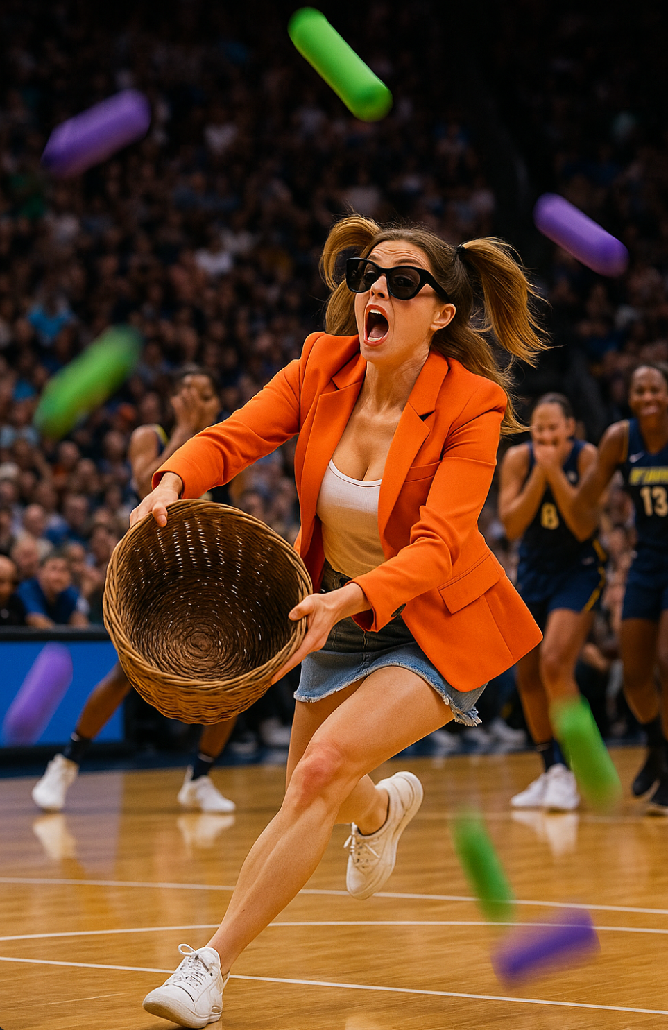 Miss Dizzum sprinting on WNBA court with wicker basket catching purple and green foam cylinders mid-air to shield Caitlin Clark