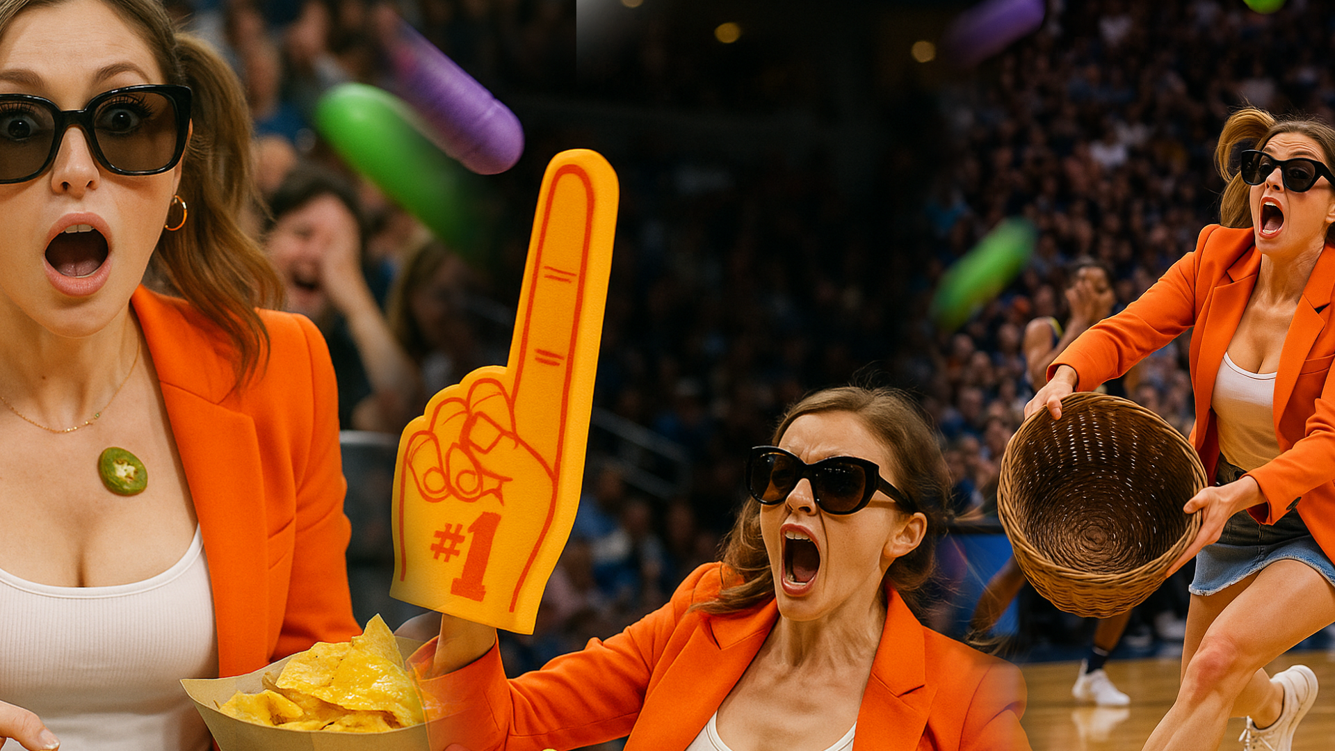 Miss Dizzum courtside in orange blazer defending Caitlin Clark from flying purple and green foam cylinders with nachos, foam finger, and wicker basket