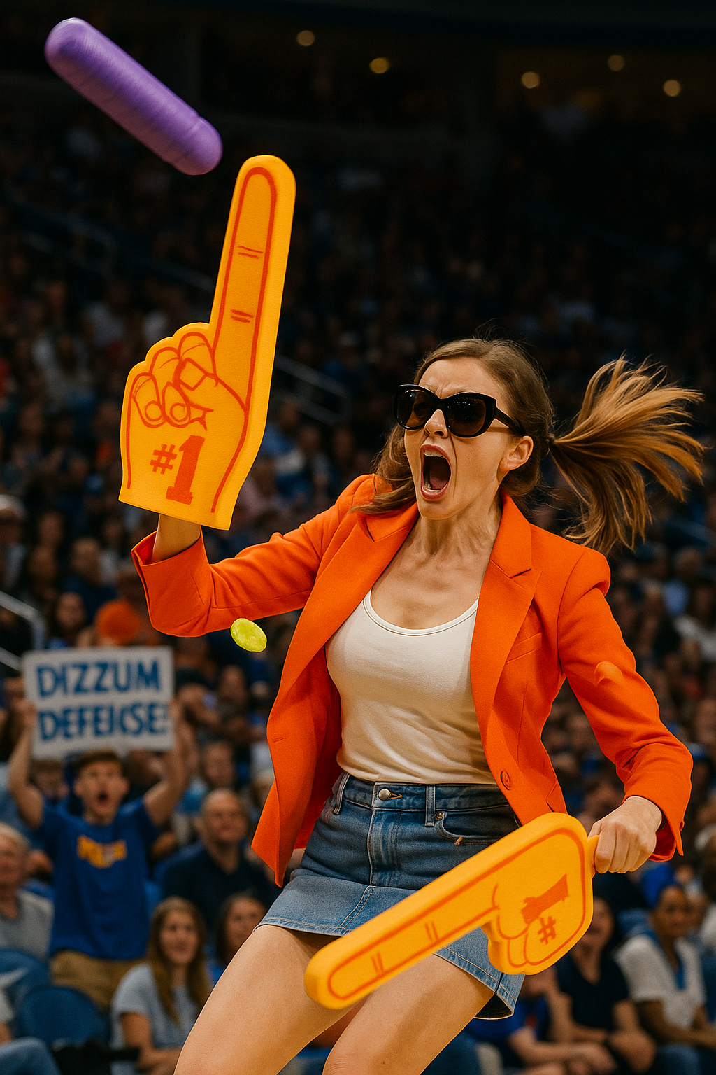 Miss Dizzum in orange blazer swinging number one foam finger to protect Caitlin Clark from flying foam cylinders at WNBA game