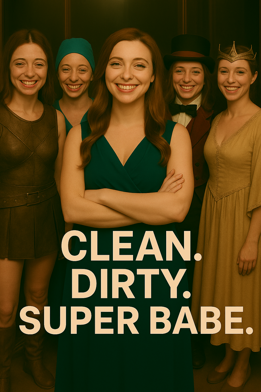 Miss Dizzum standing confidently with arms crossed in a teal dress, surrounded by four alternate personas in different costumes, with bold text reading 'Clean. Dirty. Super Babe.'