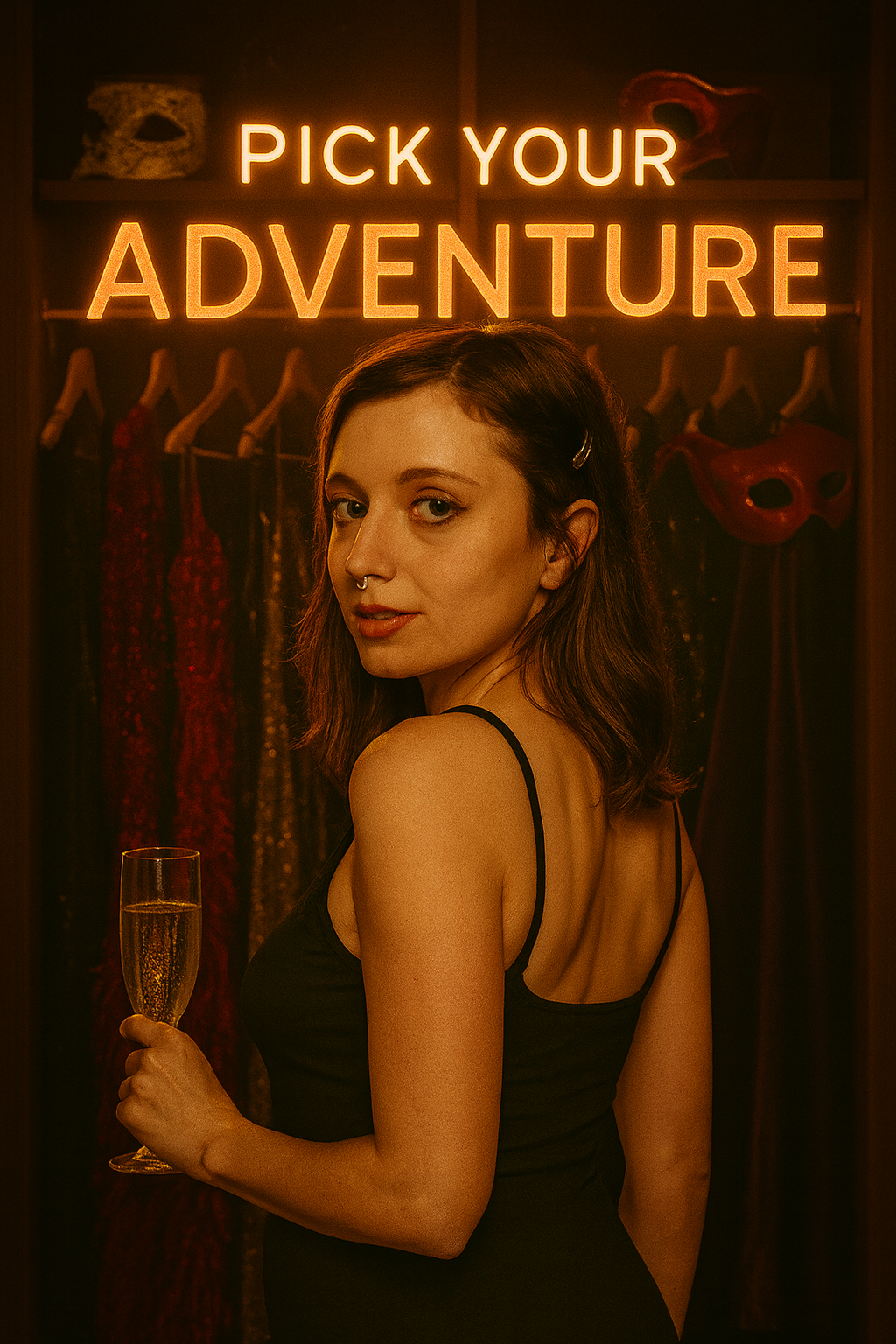Miss Dizzum holding a glass of champagne, standing in a dimly lit wardrobe lined with glittering dresses and masquerade masks, under a glowing neon sign that reads 'Pick Your Adventure.'