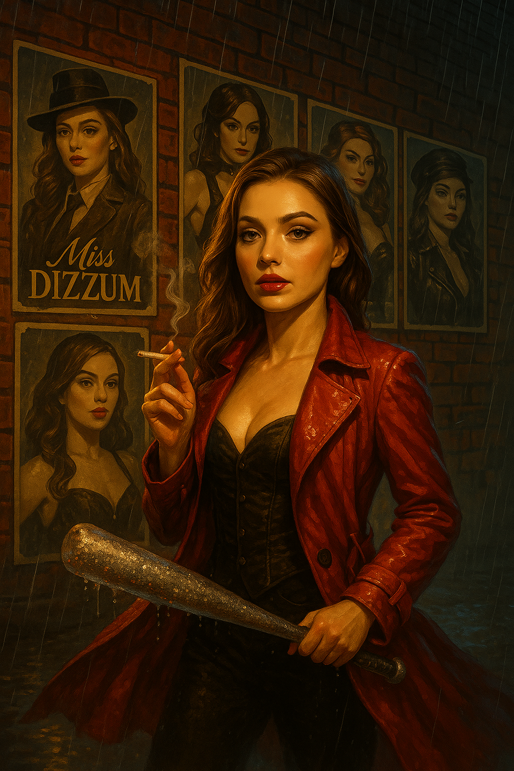 Miss Dizzum in a rain-soaked alley, wearing a striking red coat and black corset, holding a glittering baseball bat and a lit cigarette, standing before a brick wall covered in vintage-style wanted posters of herself.