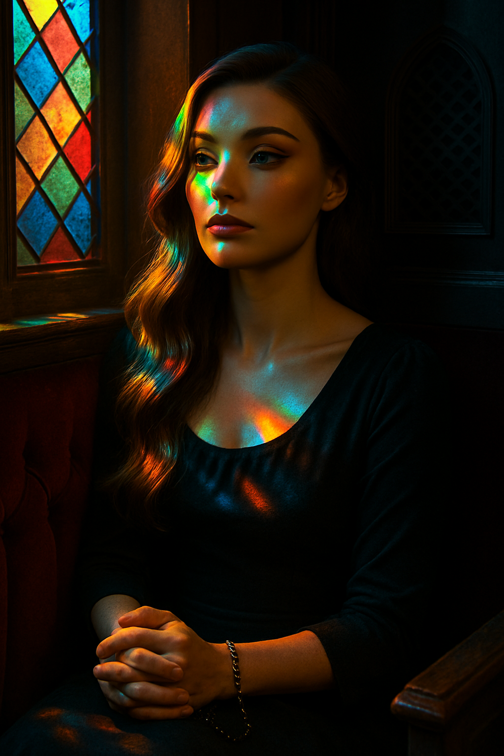 Miss Dizzum seated by stained glass, hands folded, cinematic portrait