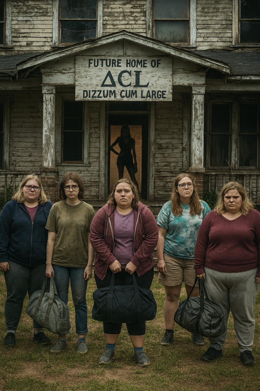 Nervous recruits stand in front of a rundown house marked as the future home of the DCL sorority, with Miss Dizzum’s silhouette in the doorway