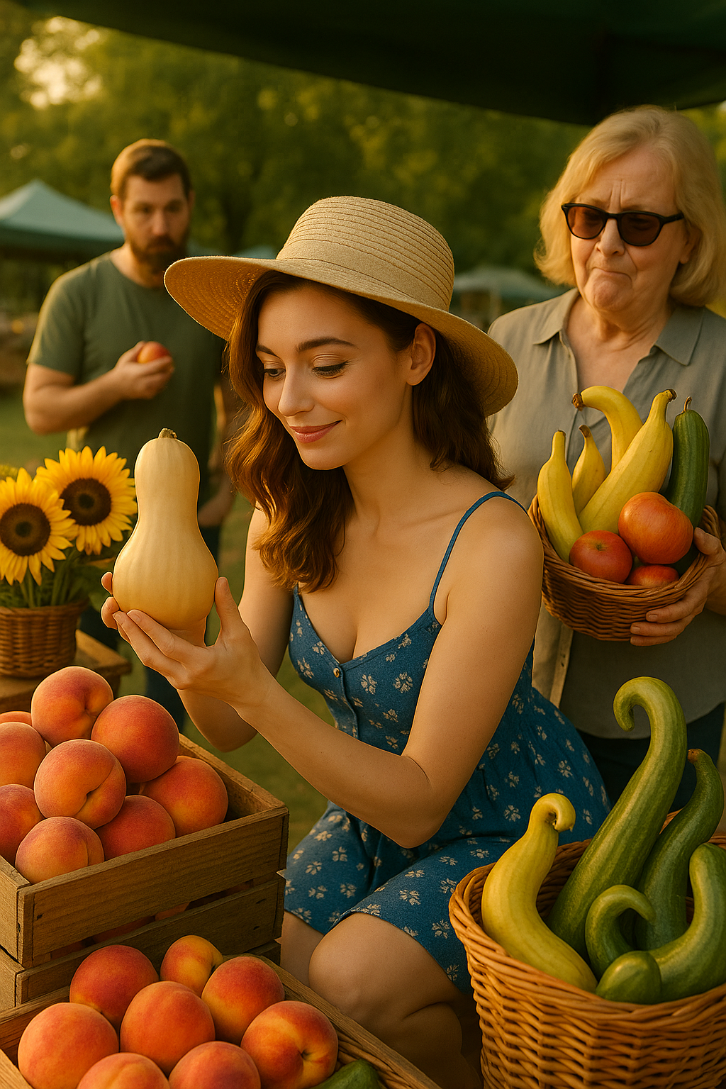 Miss Dizzum in a straw hat admires a butternut squash at the farmers market during golden hour