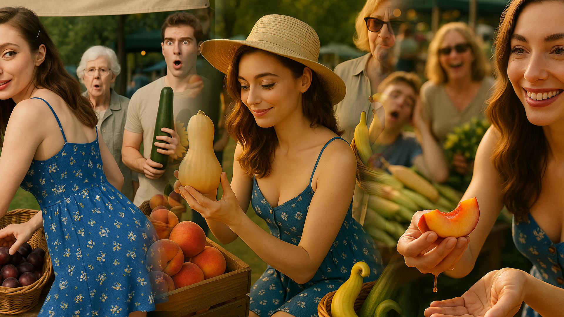 Miss Dizzum collage featuring playful market poses, admiring fresh produce, and offering a juicy peach slice at a bustling farmers market