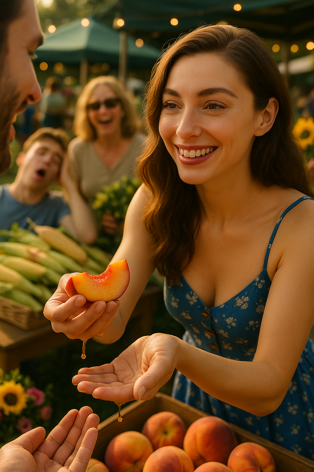 Miss Dizzum offers a juicy peach slice to a customer as bystanders laugh at the farmers market