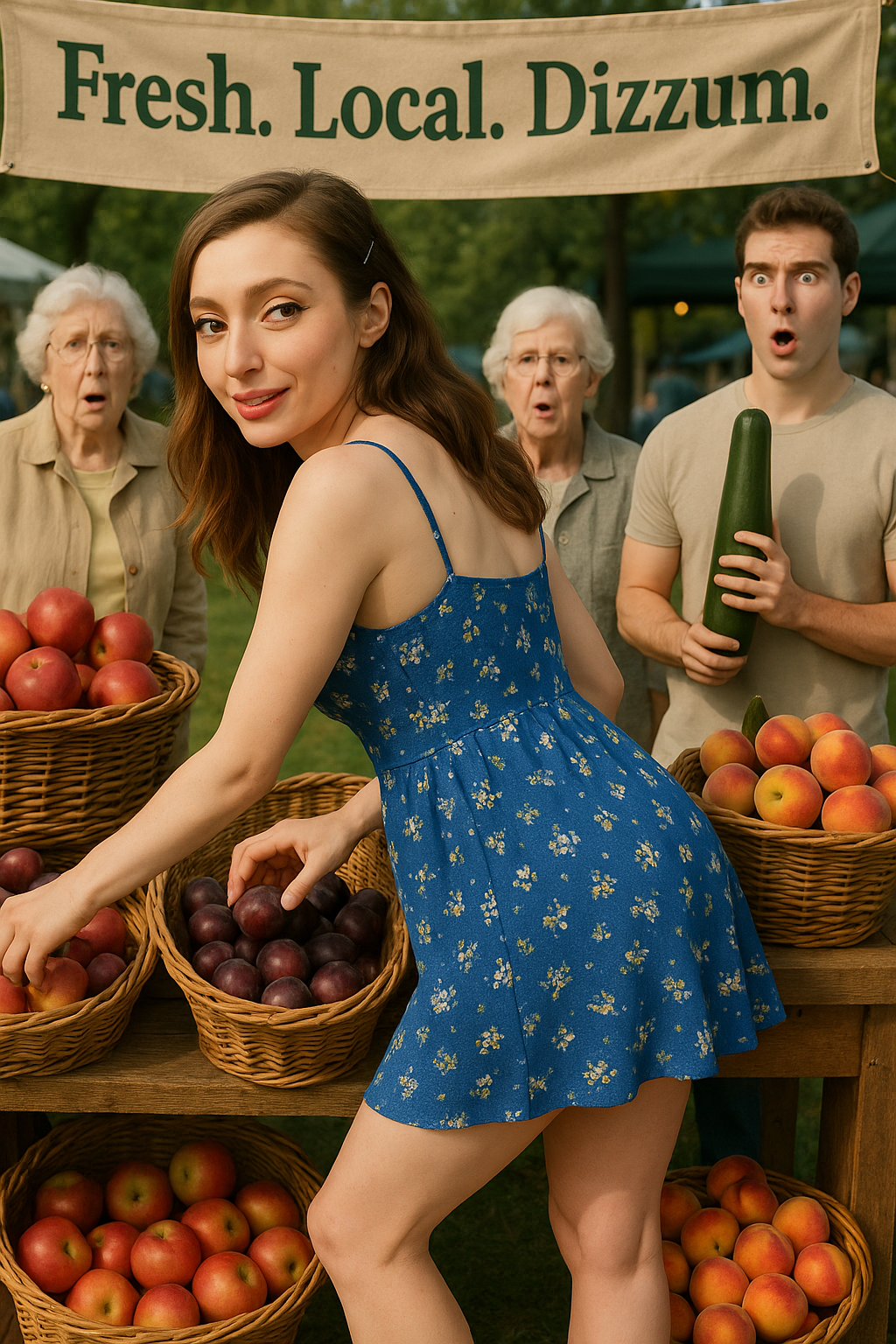 Miss Dizzum in a blue sundress leaning over fruit baskets at the farmers market as shocked shoppers react behind her