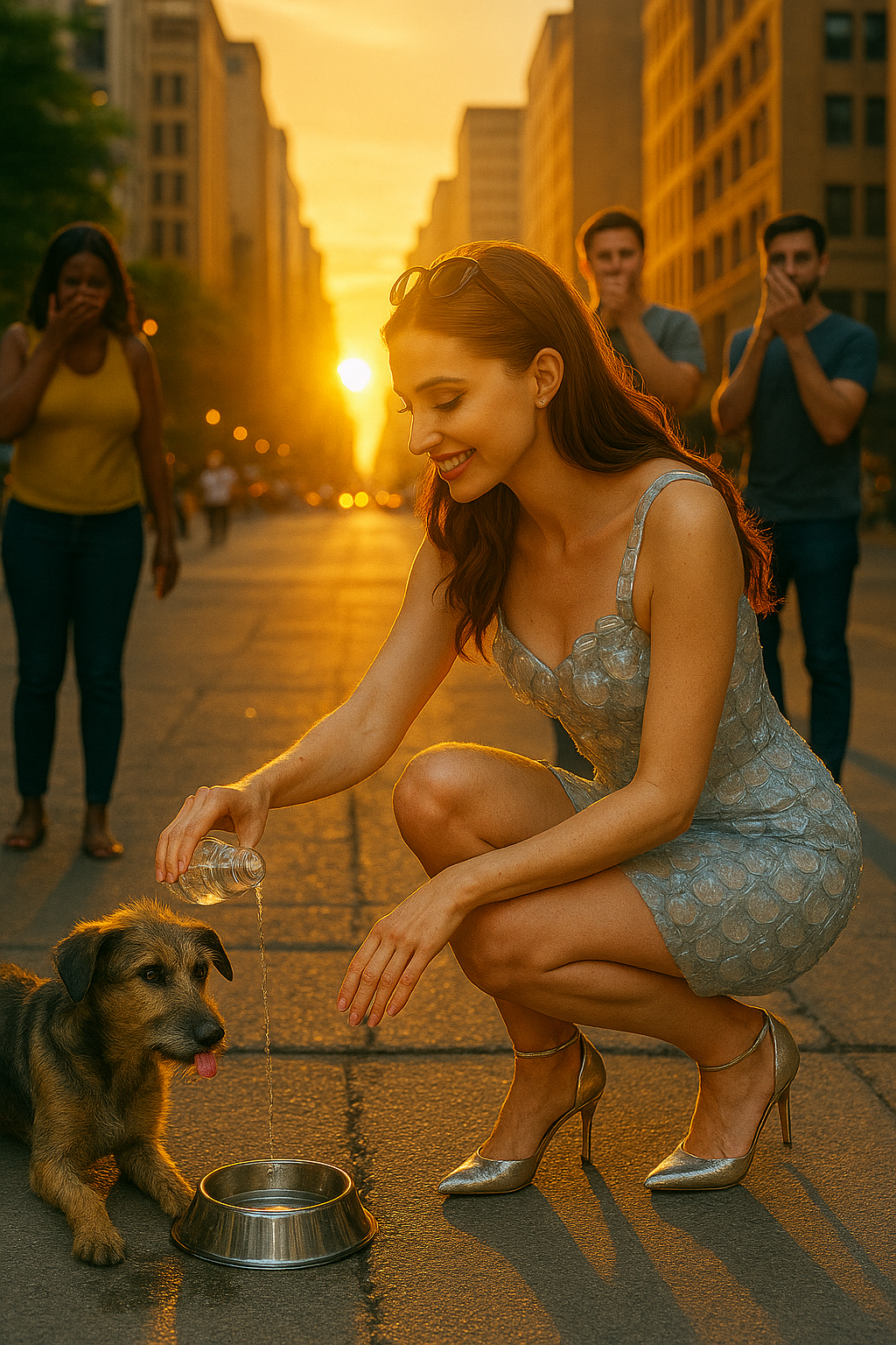 Miss Dizzum kneels at sunset to pour water from a bottle into a dog’s bowl, smiling as onlookers react