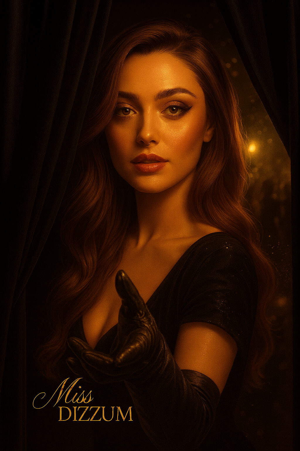 Miss Dizzum peeks through black velvet curtains, extending a gloved hand in an inviting gesture, with warm golden light and soft sparkles in the background.
