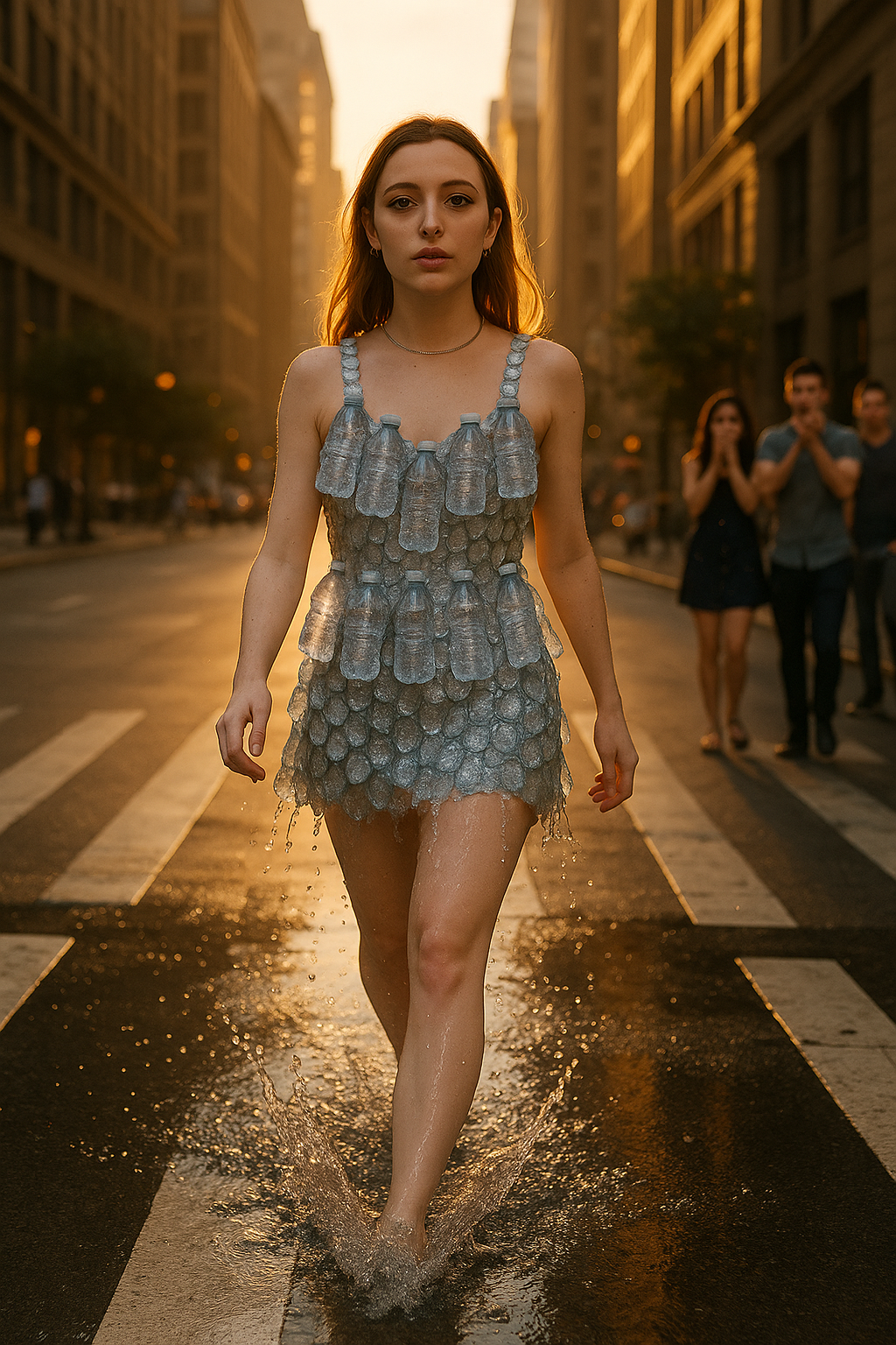 Miss Dizzum walks through a sunlit city crosswalk in a mini dress made entirely of bottled water, splashing through puddles