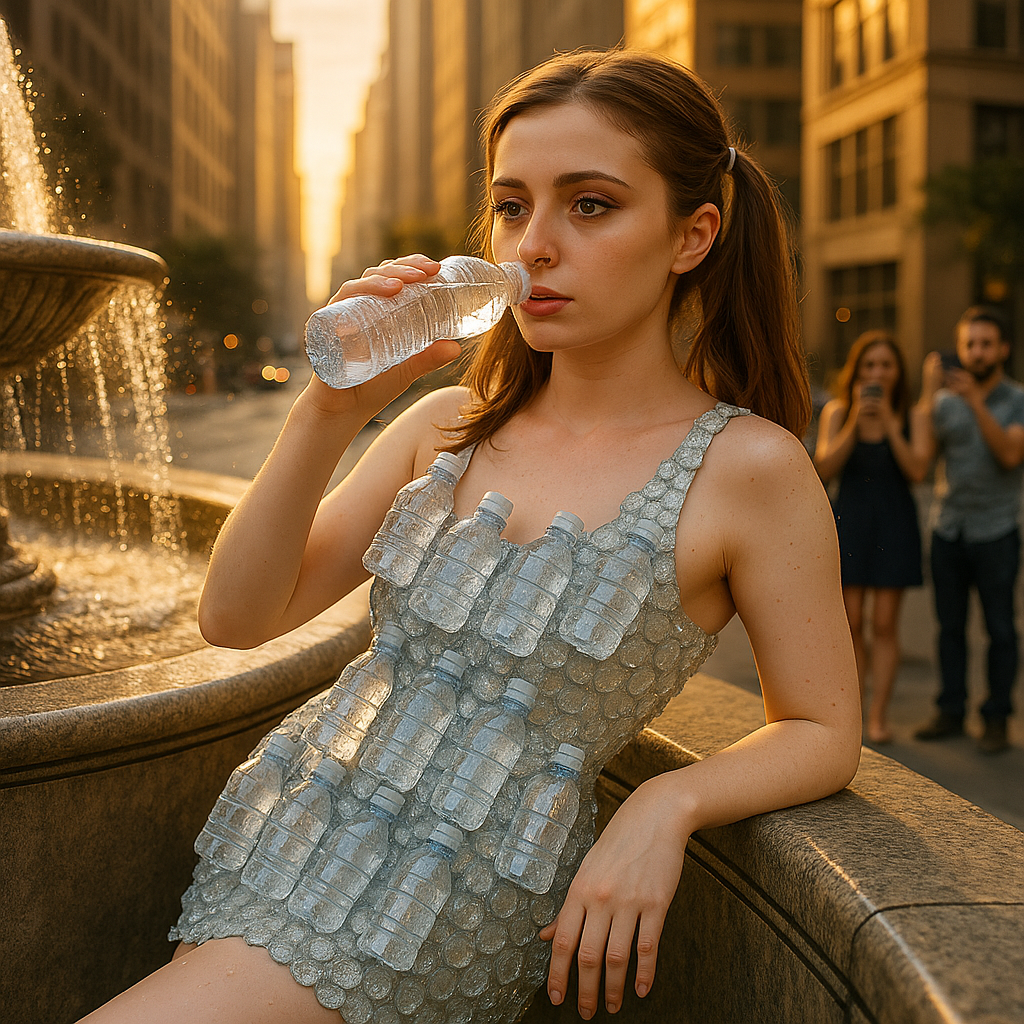 Miss Dizzum leans against a fountain in the city at sunset, sipping from a chilled water bottle in her water bottle dress